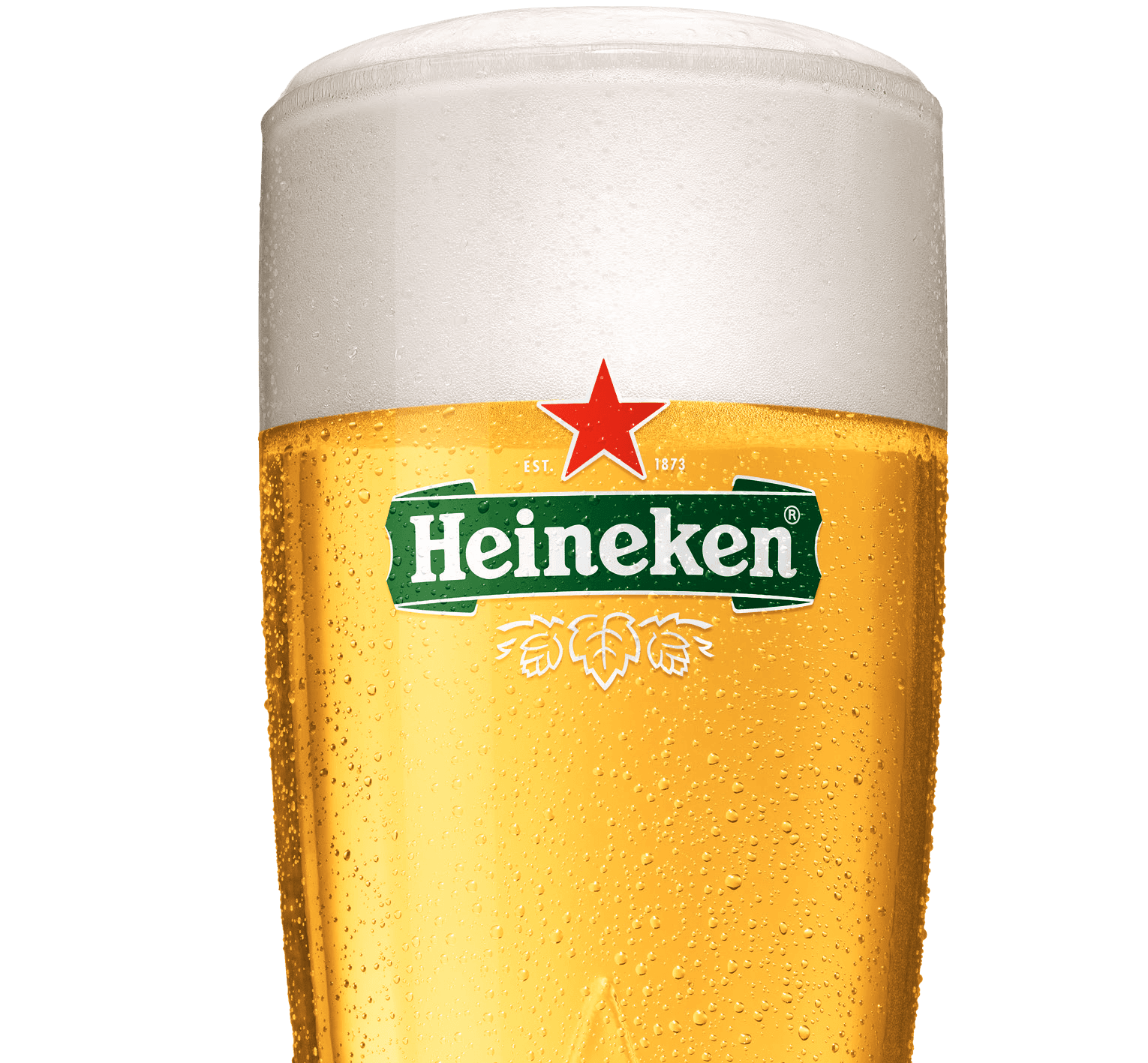 A close-up of a chilled Heineken beer in a tall glass, showing condensation and a thick foamy head, with the Heineken logo and red star clearly visible on the front.